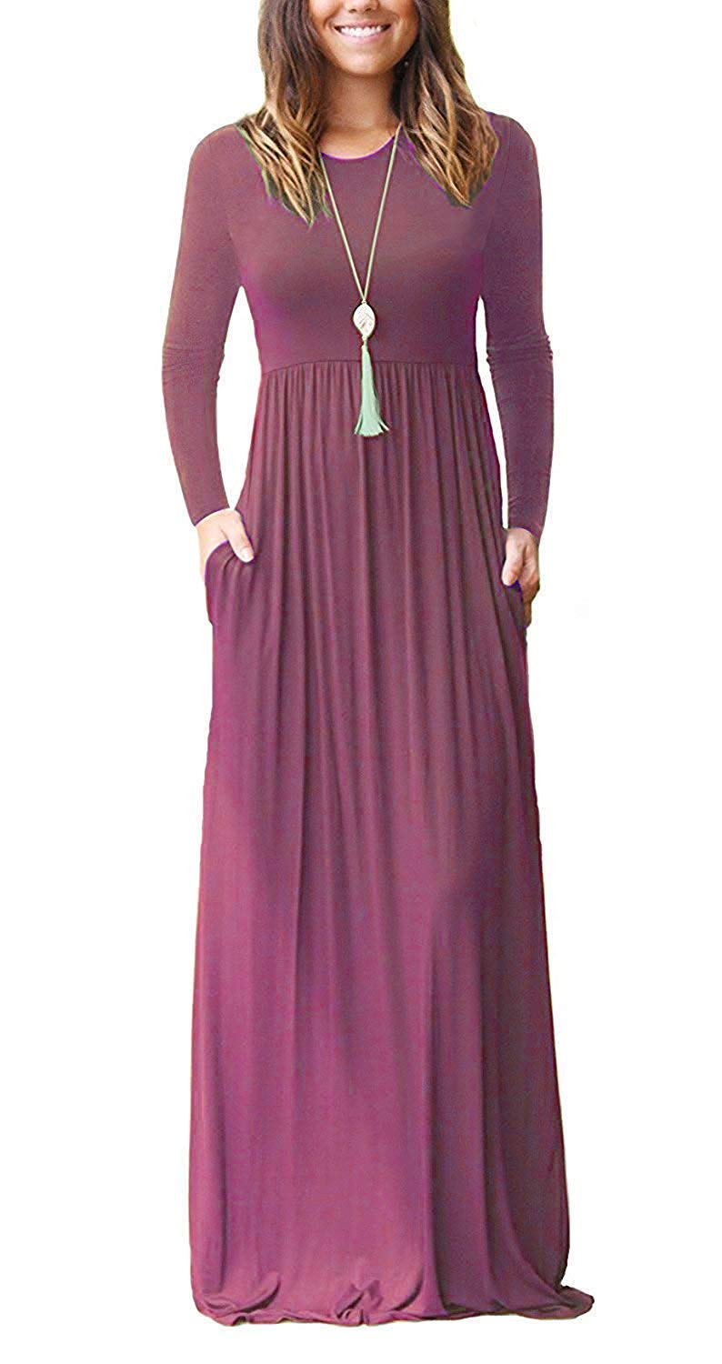 AUSELILY Women's Long Sleeve Dress Loose Plain Long Casual Maxi Dresses with Pockets 2026 New Mauve2 M - Image 1